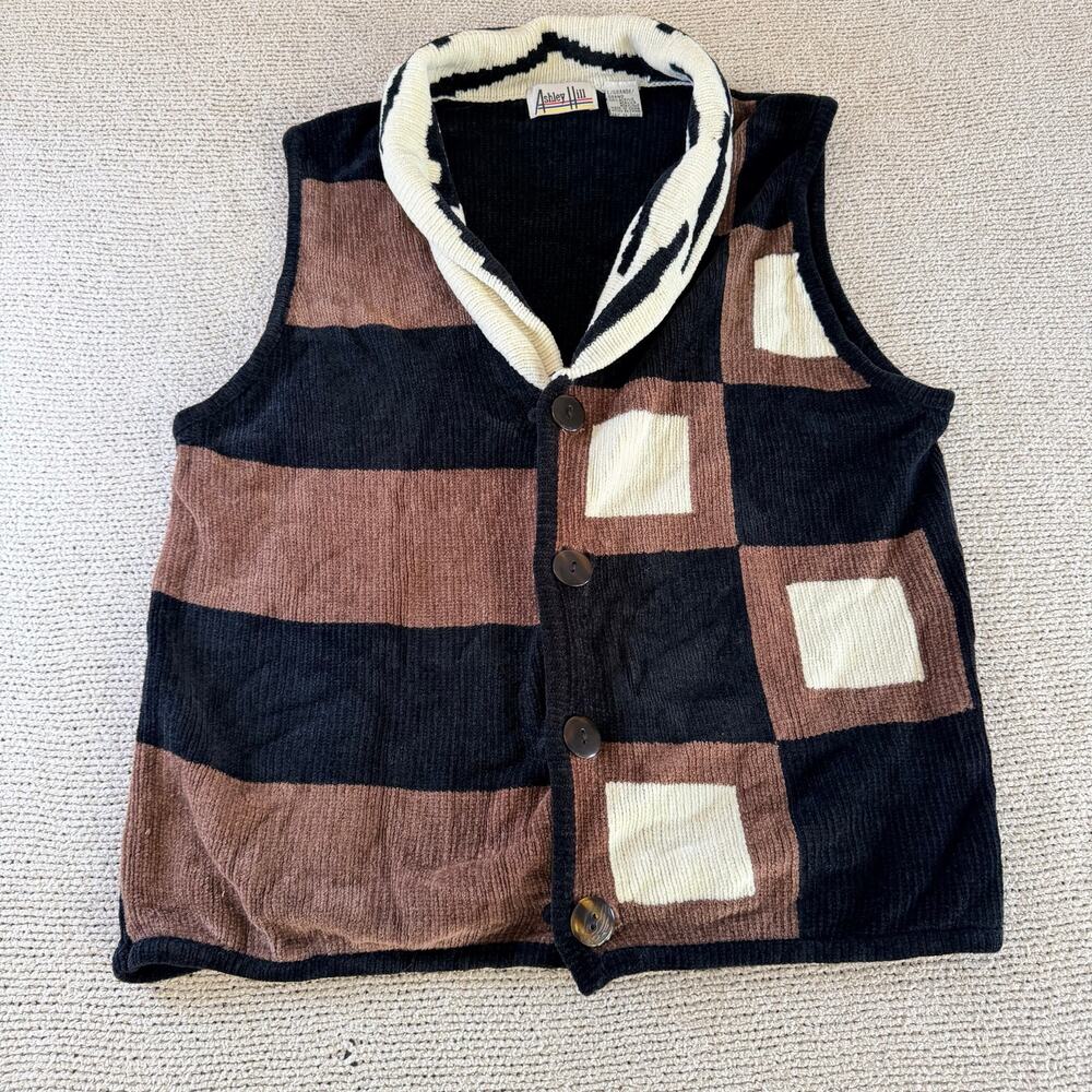 Ashley Hill Vintage Colorblock Geometric Vest Brown Black - L